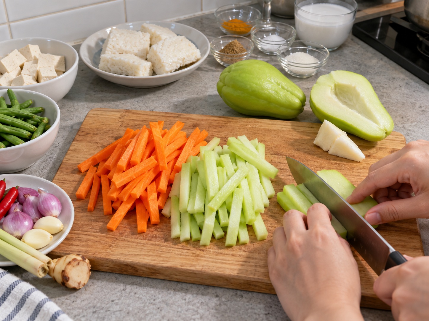 Indonesian Lontong Sayur Coconut Vegetable Stew — Cut firm vegetables