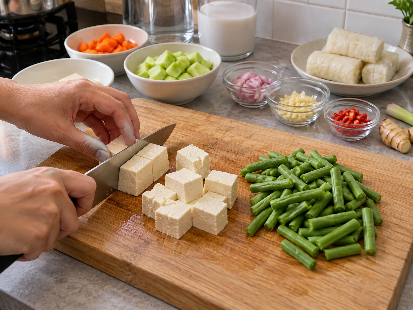 Indonesian Lontong Sayur Coconut Vegetable Stew — Cut beans and tofu