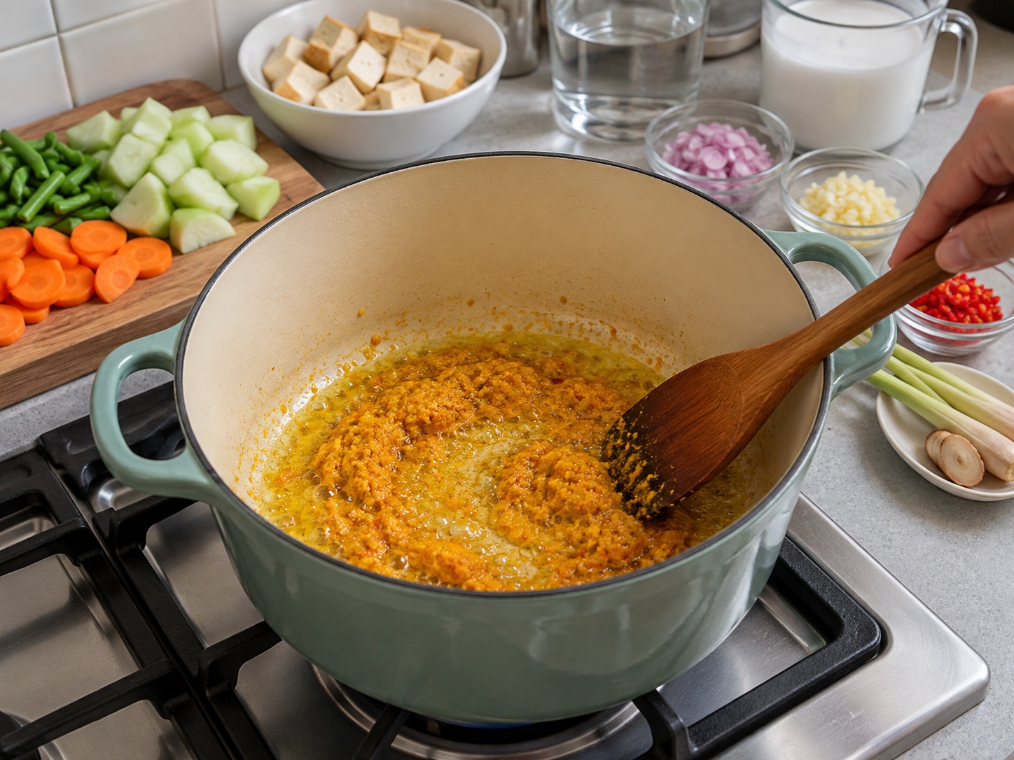 Indonesian Lontong Sayur Coconut Vegetable Stew — Fry spice paste