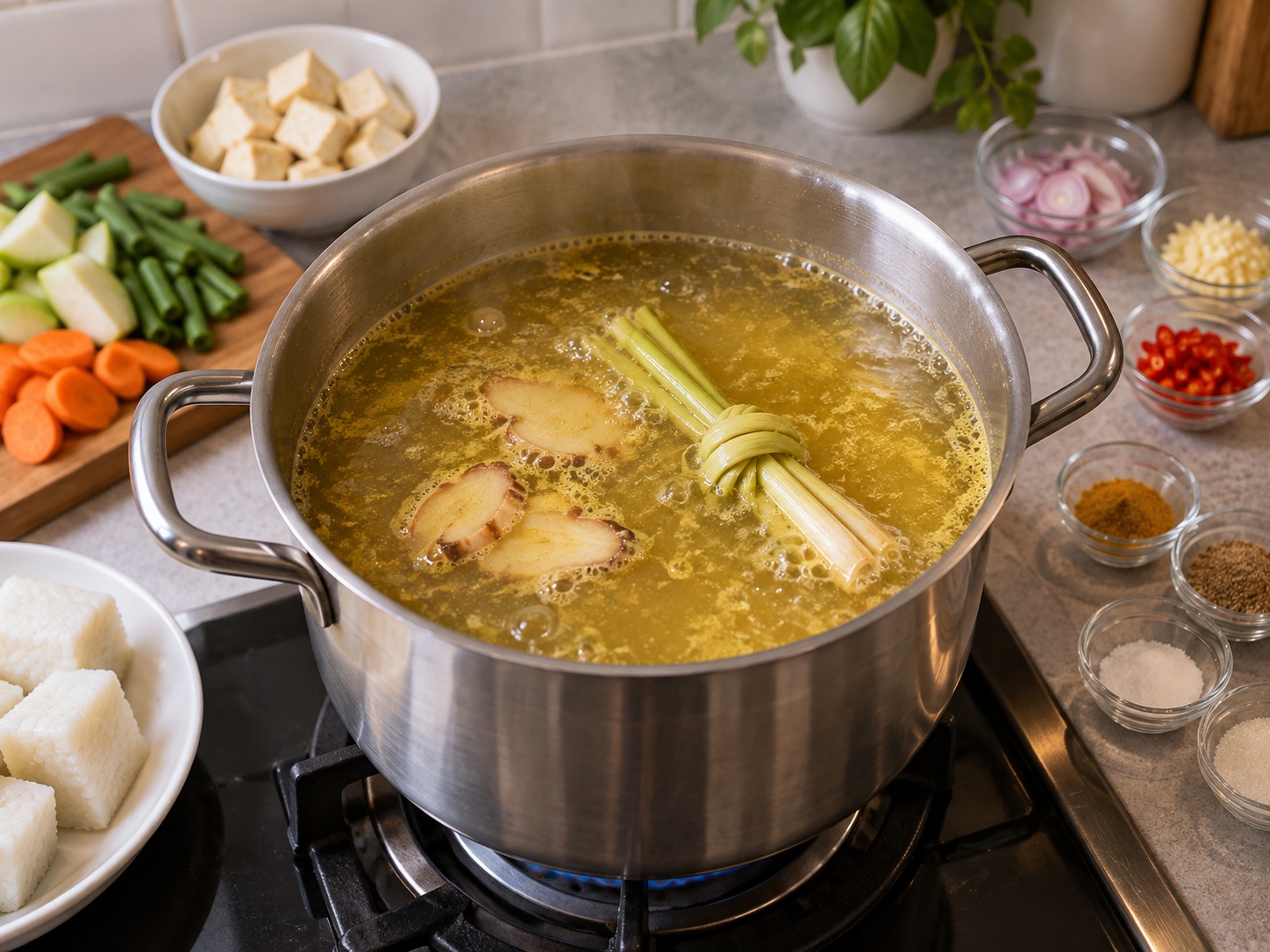 Indonesian Lontong Sayur Coconut Vegetable Stew — Add water and aromatics