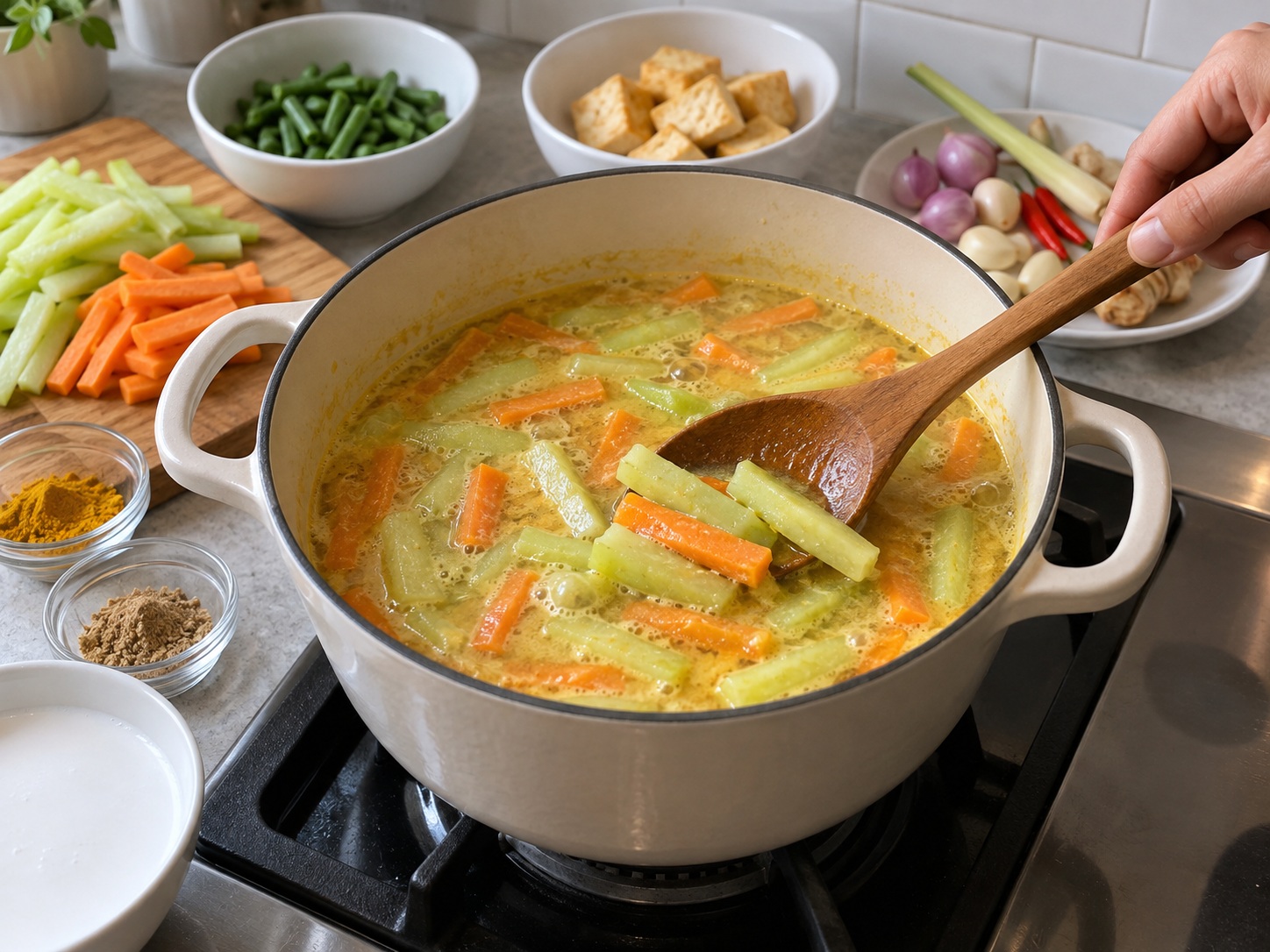 Indonesian Lontong Sayur Coconut Vegetable Stew — Simmer chayote and carrot