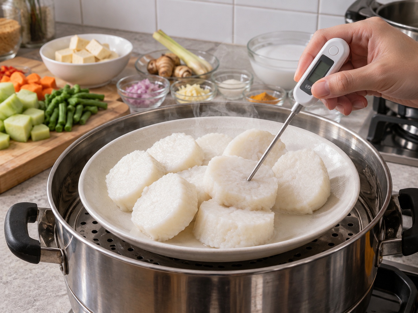 Indonesian Lontong Sayur Coconut Vegetable Stew — Reheat rice cakes alongside