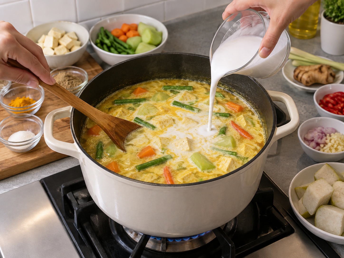 Indonesian Lontong Sayur Coconut Vegetable Stew — Add coconut milk