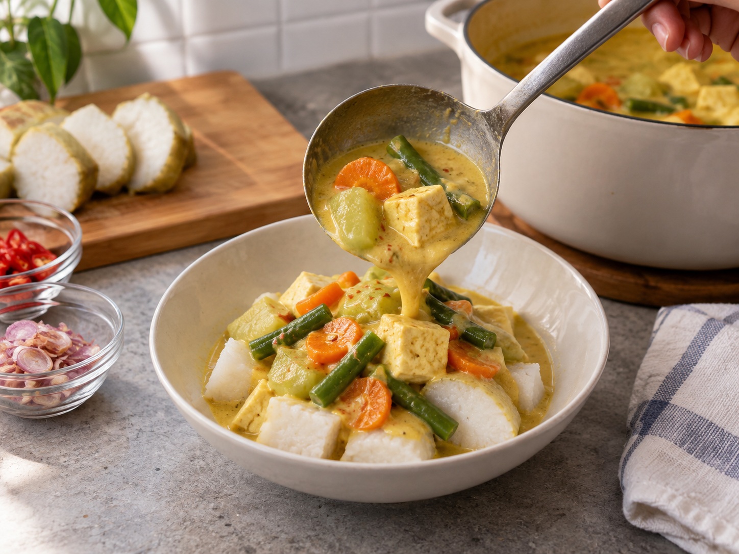 Indonesian Lontong Sayur Coconut Vegetable Stew — Assemble bowls