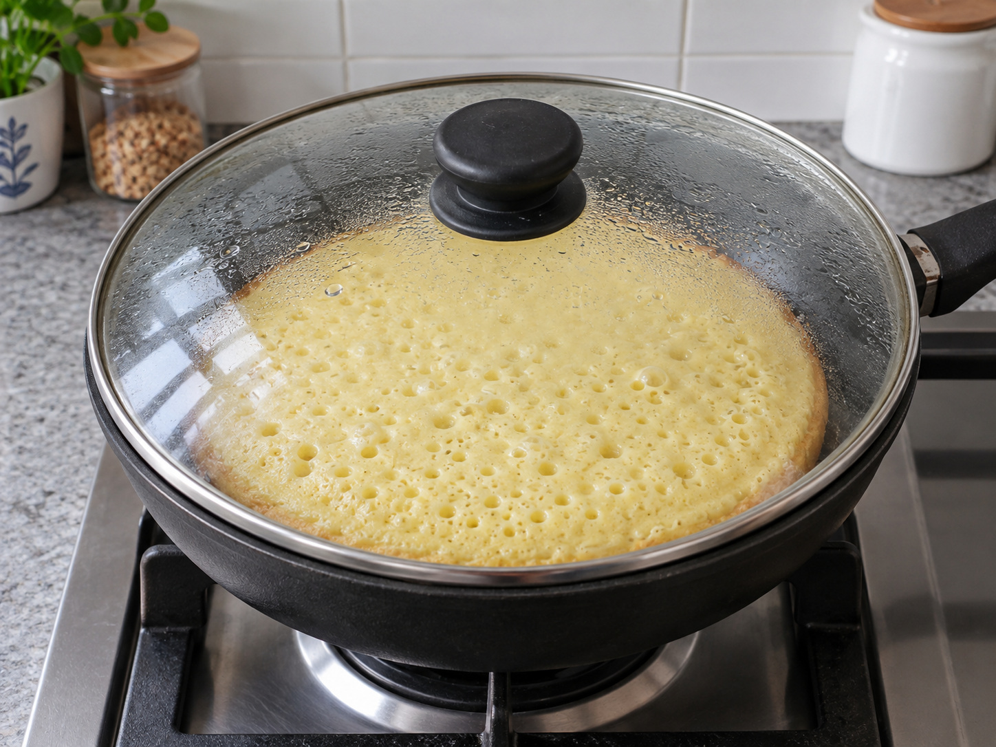 Indonesian Martabak Manis Sweet Pancake — Cover until bubbles appear across the top