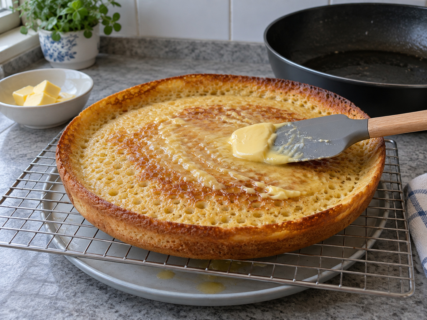 Indonesian Martabak Manis Sweet Pancake — Lift out the hot pancake and spread butter