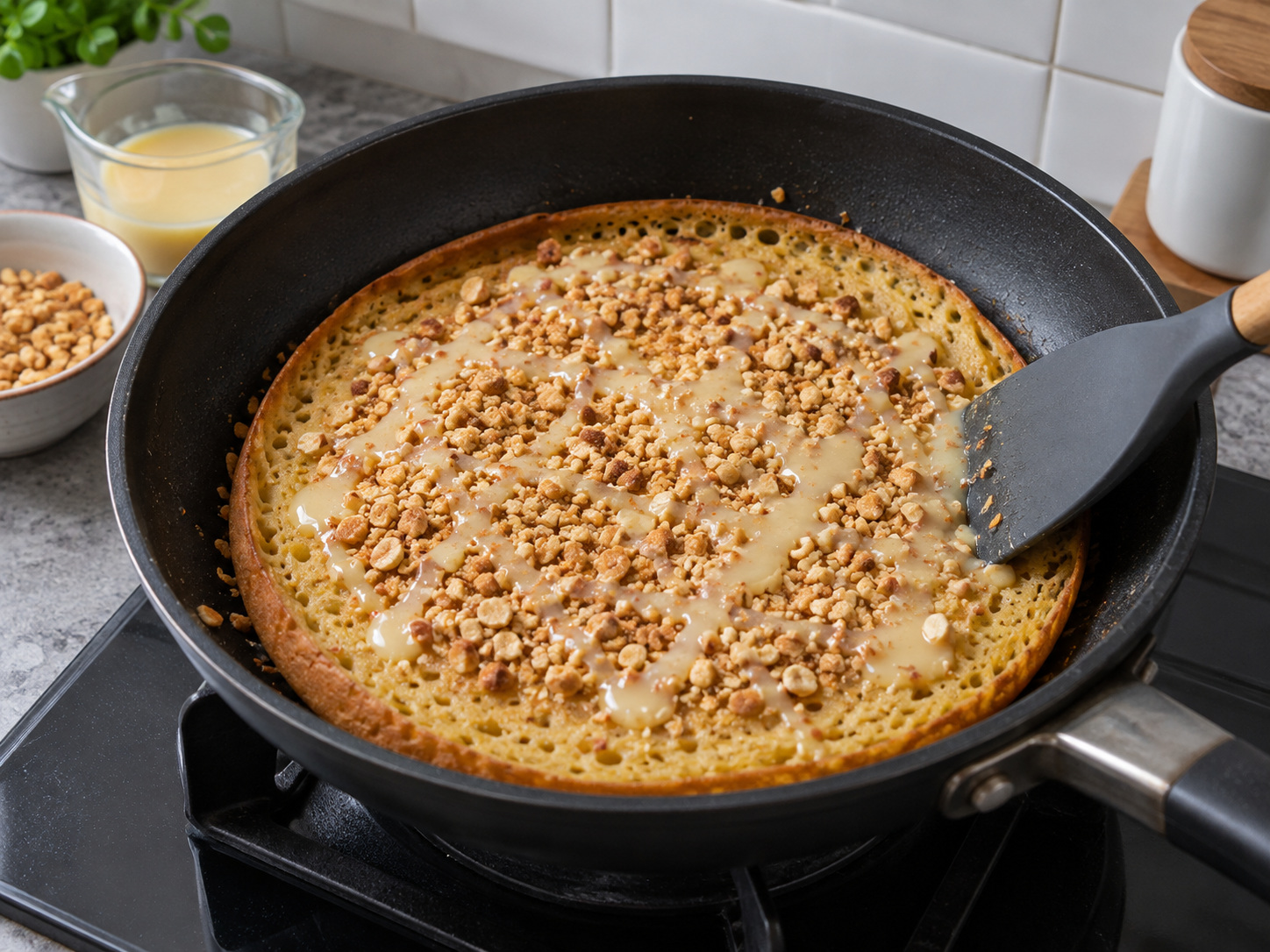 Indonesian Martabak Manis Sweet Pancake — Add peanuts and drizzle condensed milk
