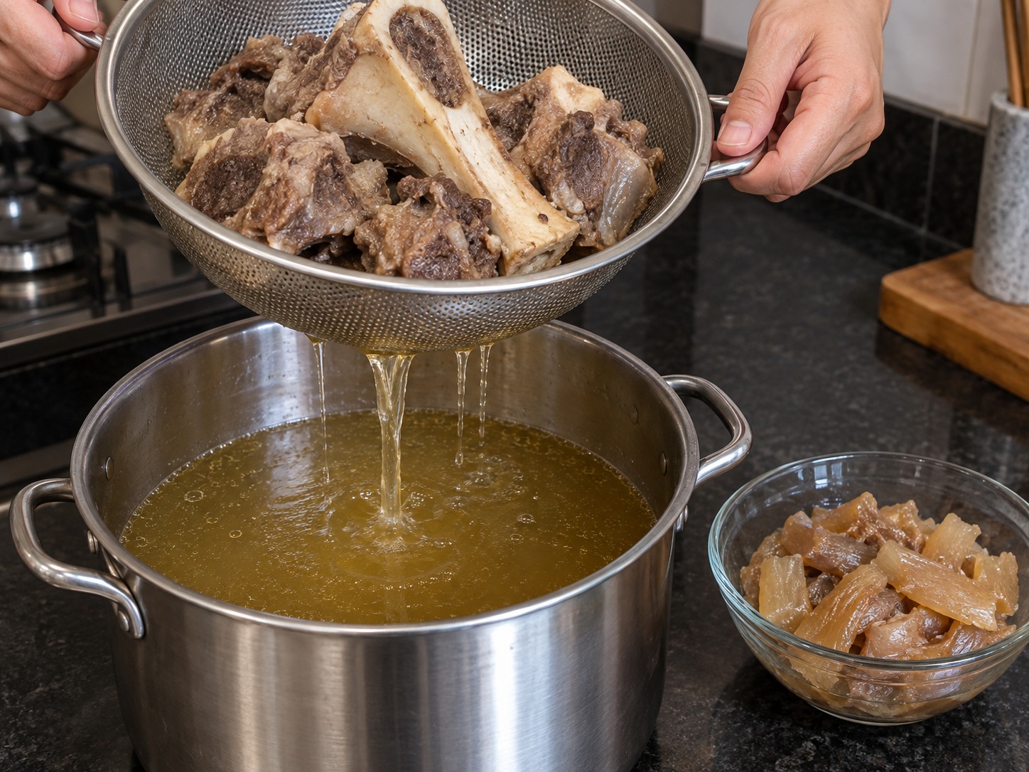 Mie Kocok Kikil Sapi Bandung — Saring kaldu