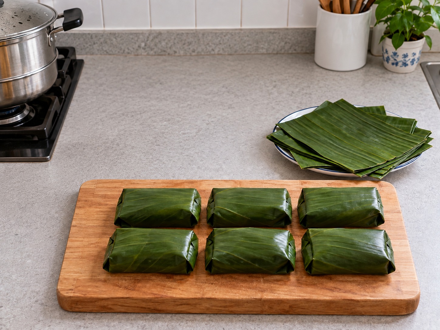 印尼香蕉米糕 — 用餘糊蓋香蕉，折兩側及兩端包緊