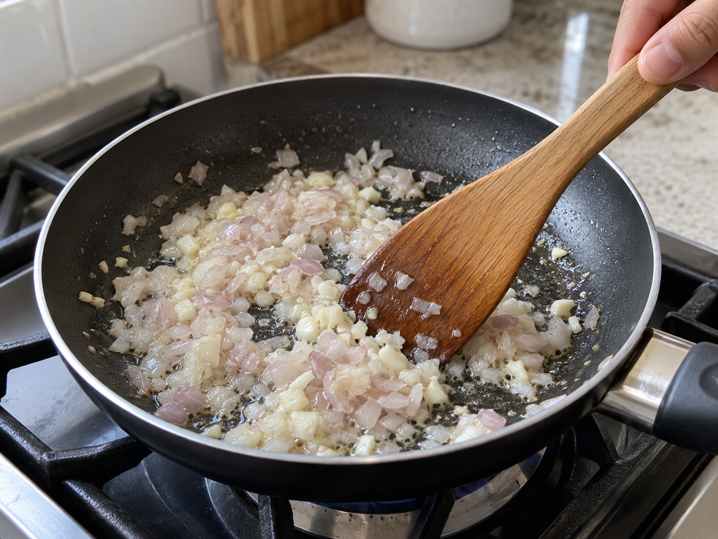 Indonesian Banana Leaf Grilled Tuna Rice — Soften shallots and garlic