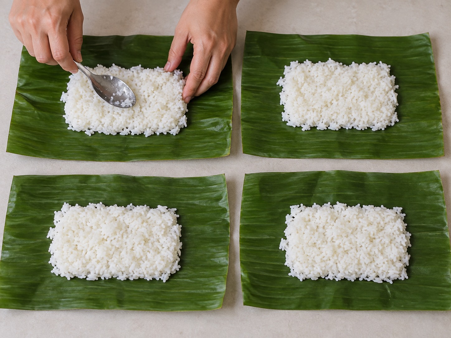 Indonesian Banana Leaf Grilled Tuna Rice — Portion the rice