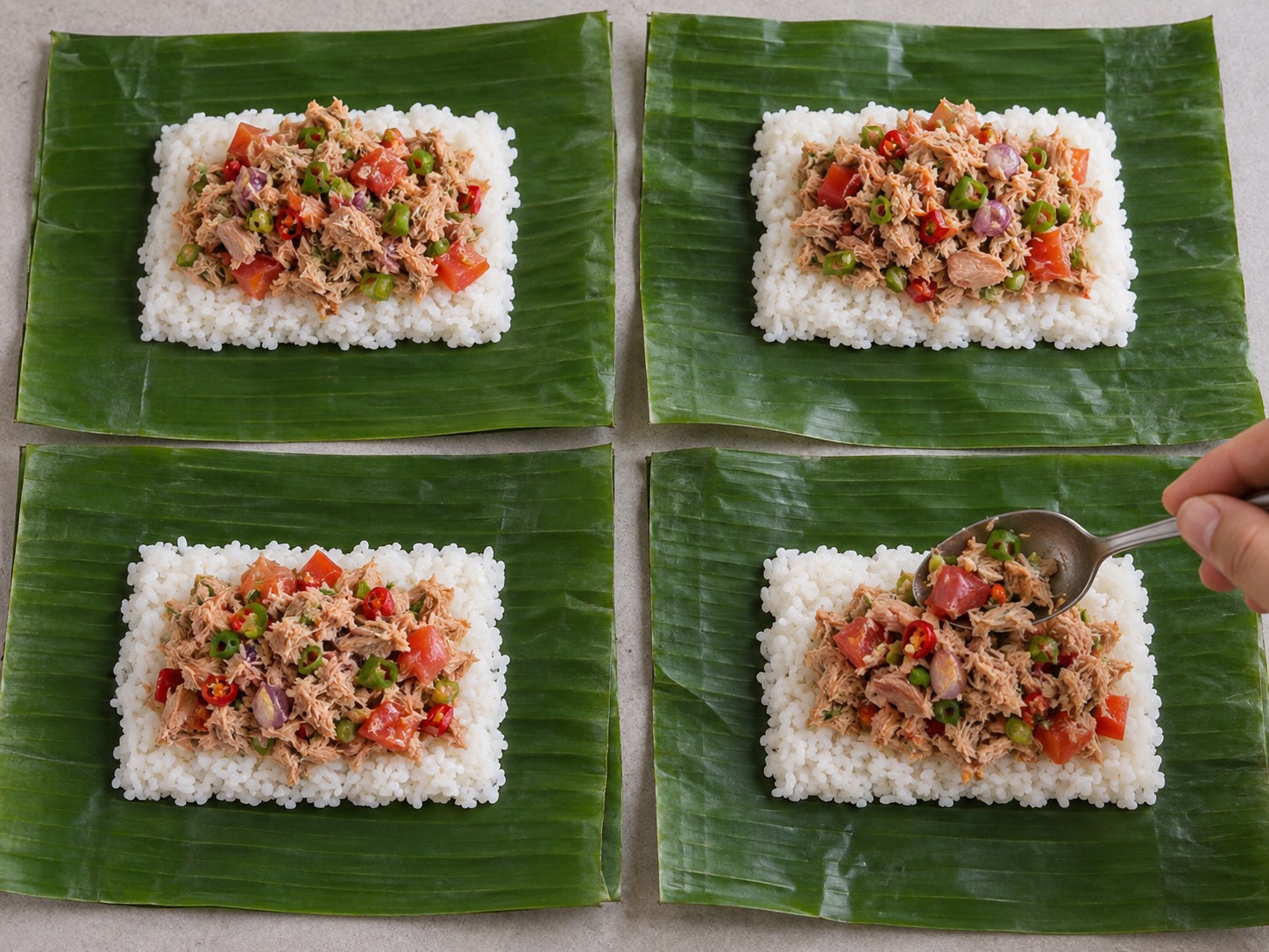 Indonesian Banana Leaf Grilled Tuna Rice — Add tuna filling