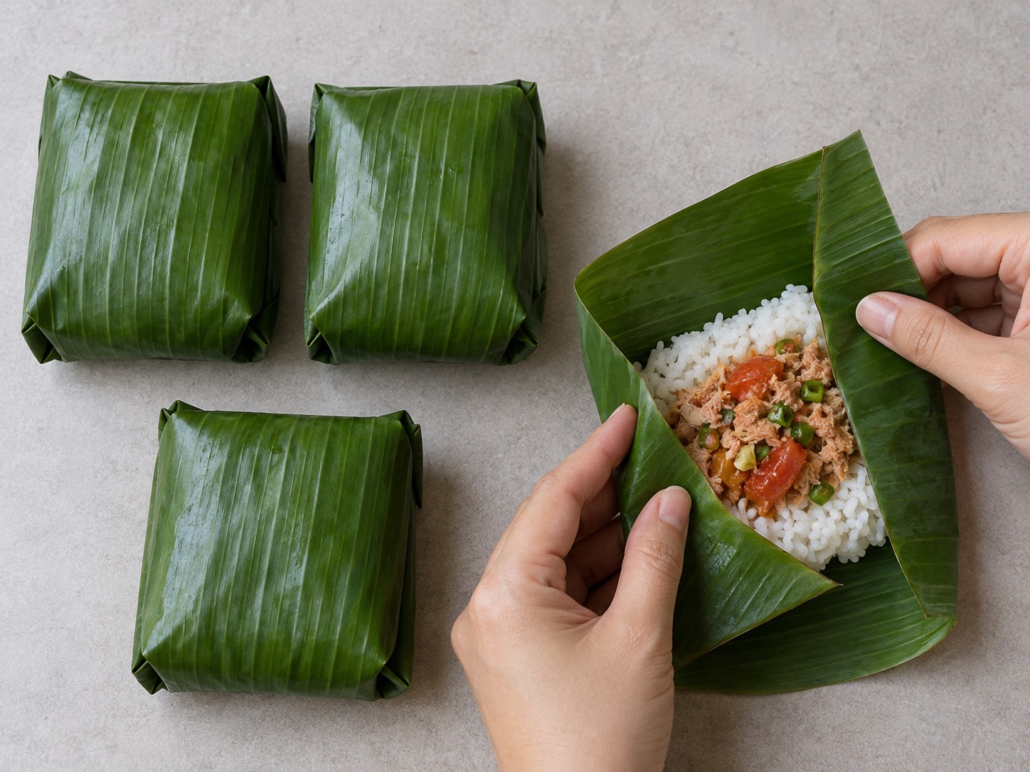 Indonesian Banana Leaf Grilled Tuna Rice — Fold the leaves
