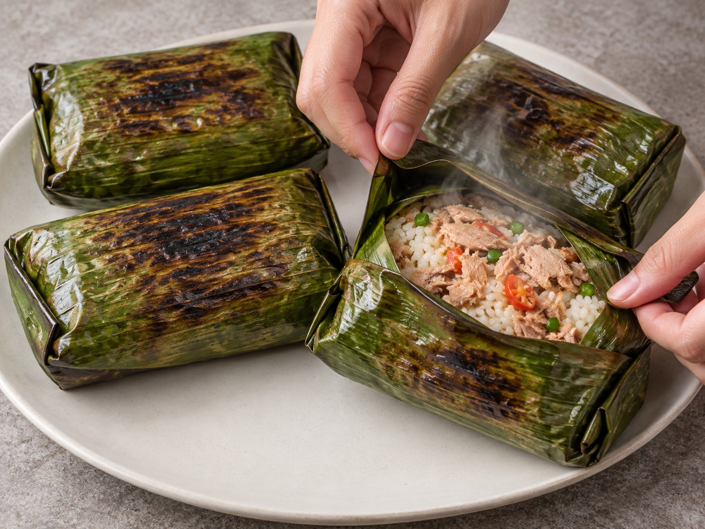 Indonesian Banana Leaf Grilled Tuna Rice — Check the centre