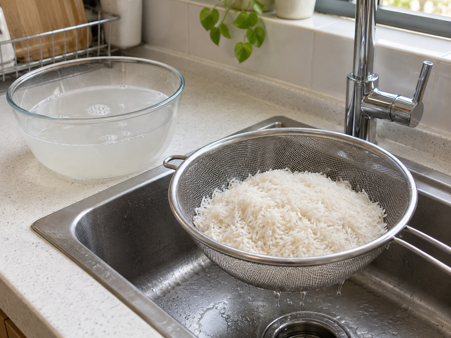 Sundanese Nasi Liwet na may Dilis — Hugasan at patuluin ang bigas
