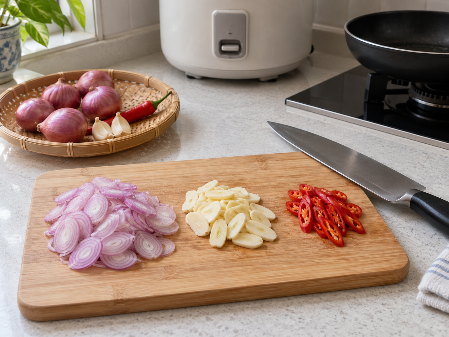 Sundanese Nasi Liwet na may Dilis — Hiwain ang sibuyas, bawang at sili
