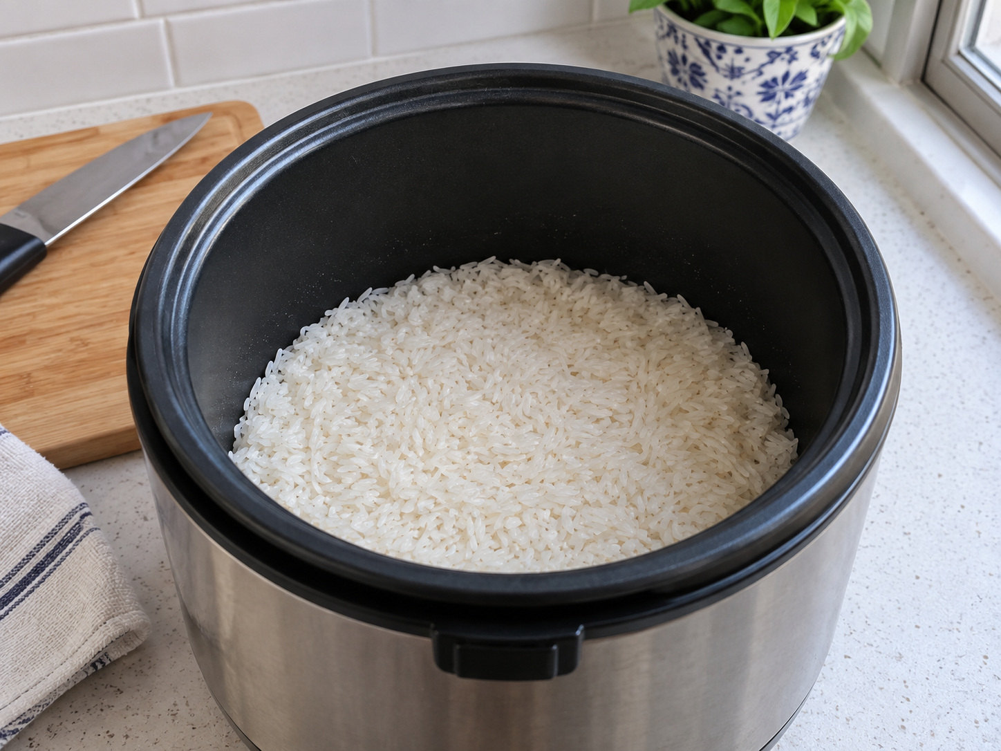 Sundanese Nasi Liwet na may Dilis — Ilagay ang bigas sa rice cooker