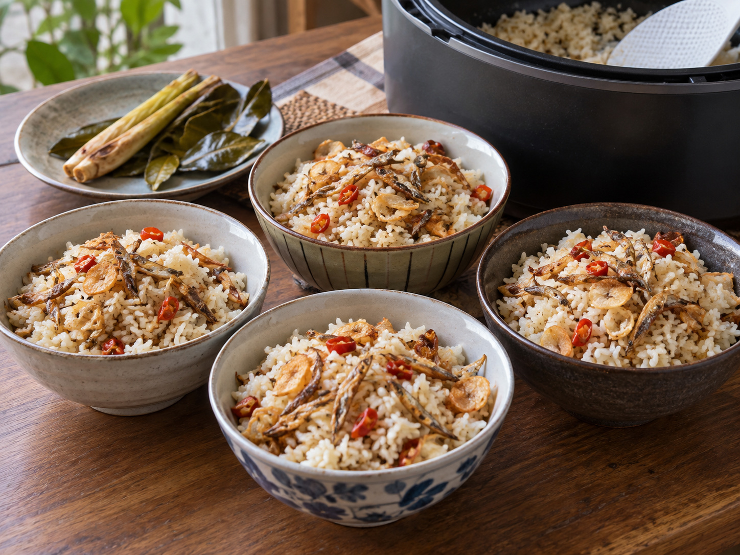 Sundanese Nasi Liwet na may Dilis — Haluin ang kanin, tiyaking luto ang dilis at ihain