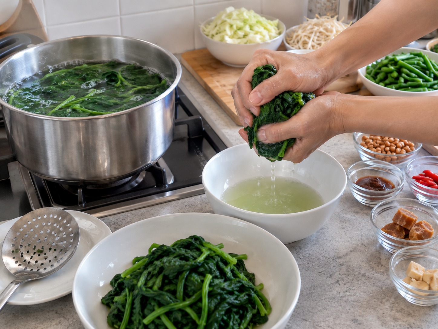 Nasi Pecel ng Indonesia — I-blanch ang spinach at pigain