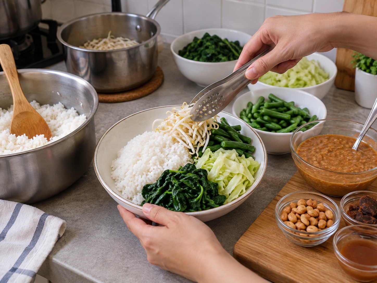 Nasi Pecel ng Indonesia — Ilagay ang kanin at gulay sa plato