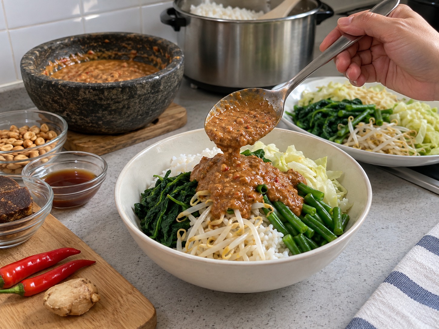 Nasi Pecel ng Indonesia — Ibuhos ang peanut sauce at ihain