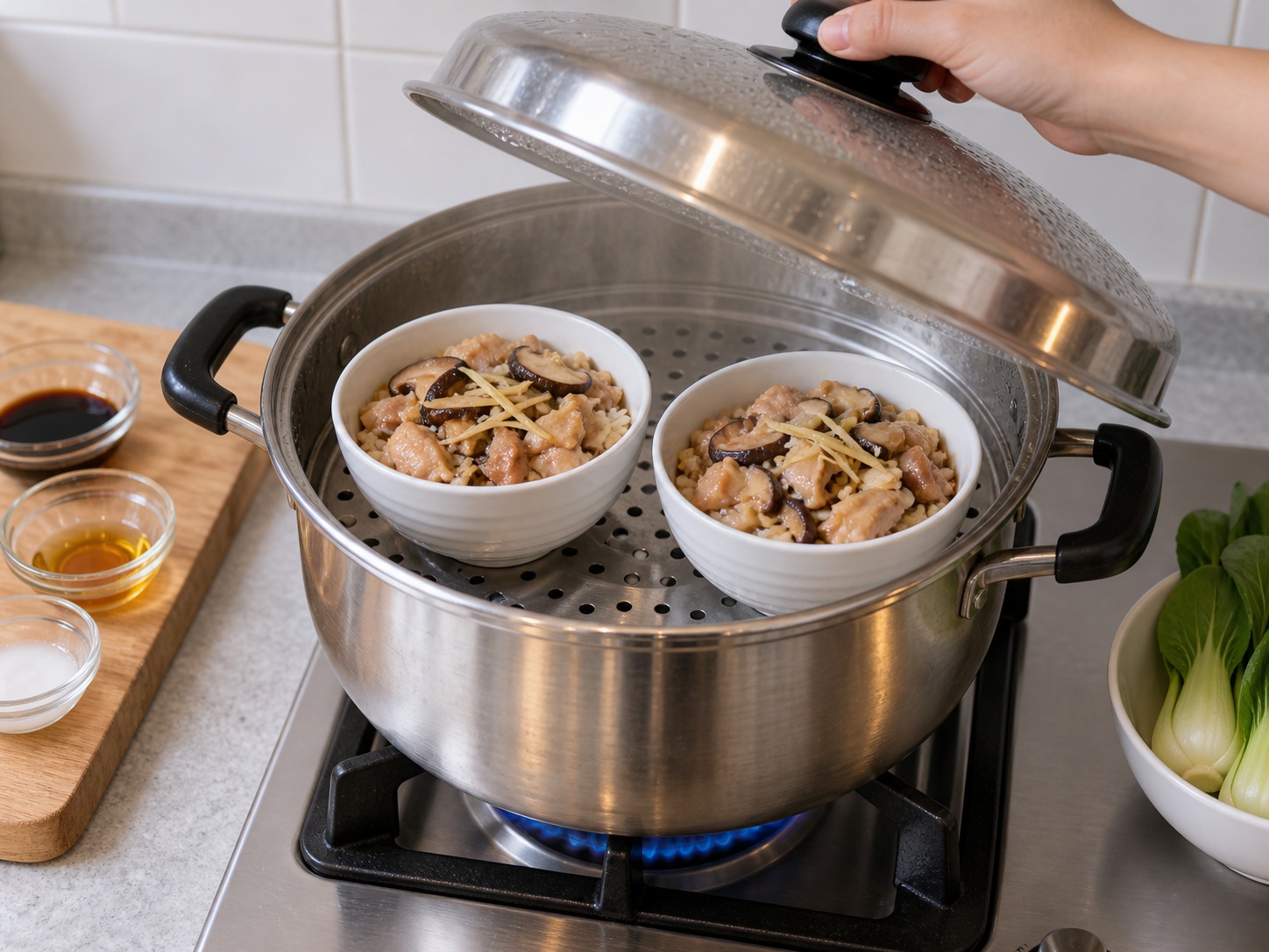 Indonesian Nasi Tim Ayam — Pakuluin ang sapat na tubig sa steamer