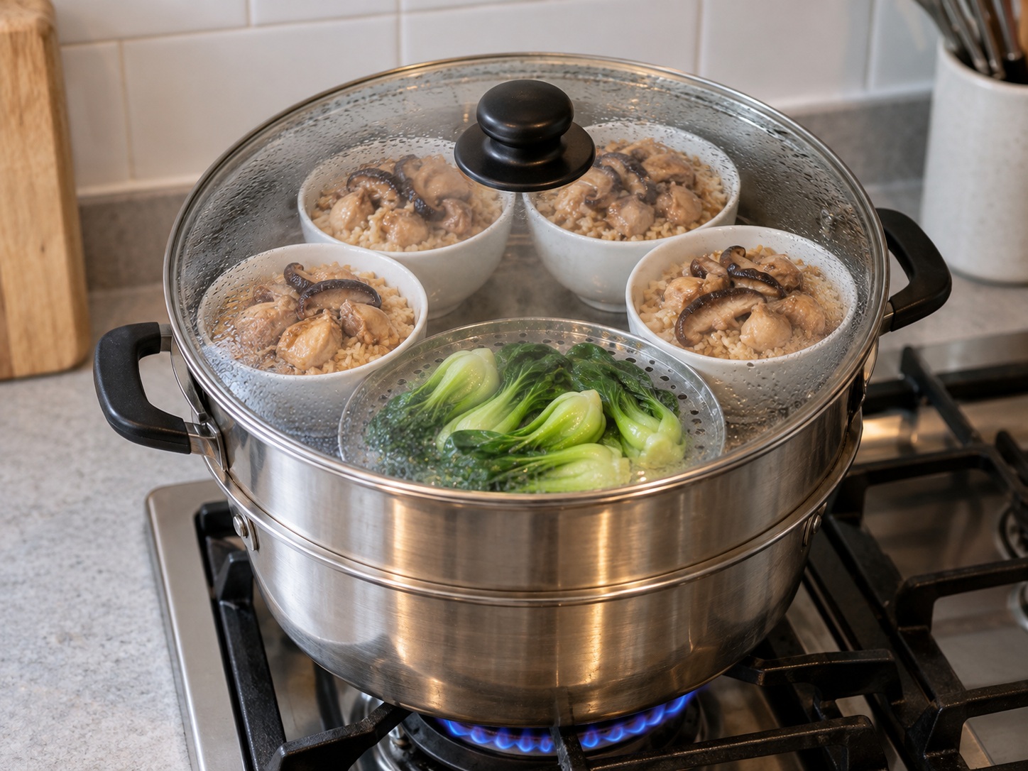 Indonesian Nasi Tim Ayam — I-steam sa katamtamang malakas na apoy nang 25 m