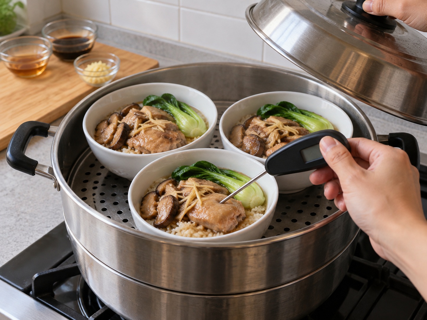 Indonesian Nasi Tim Ayam — Suriin ang temperatura sa gitna ng manok