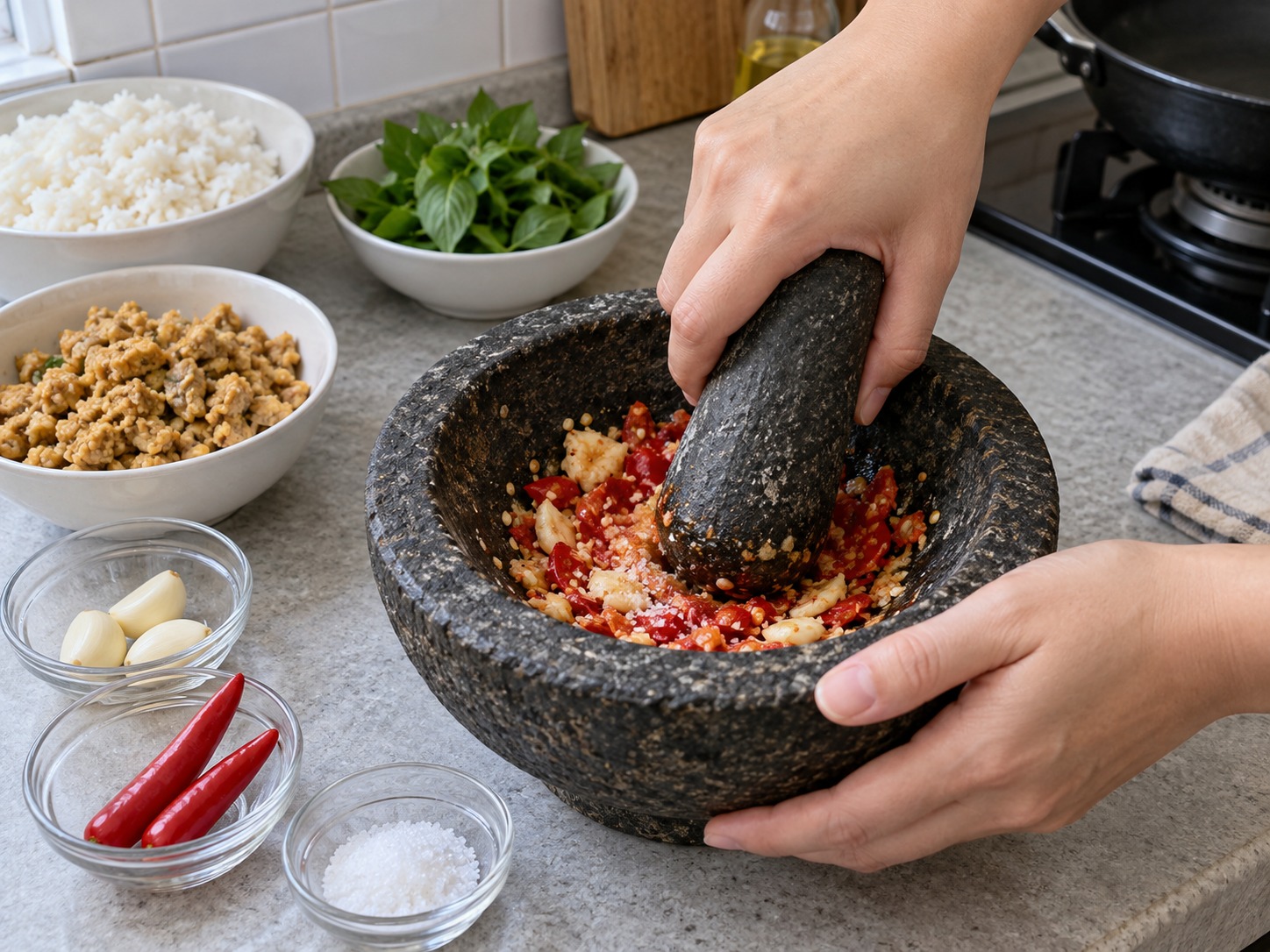 Kaning Tutug Oncom ng Sunda — Dikdikin ang sili, bawang, at asin bilang magaspang na sambal