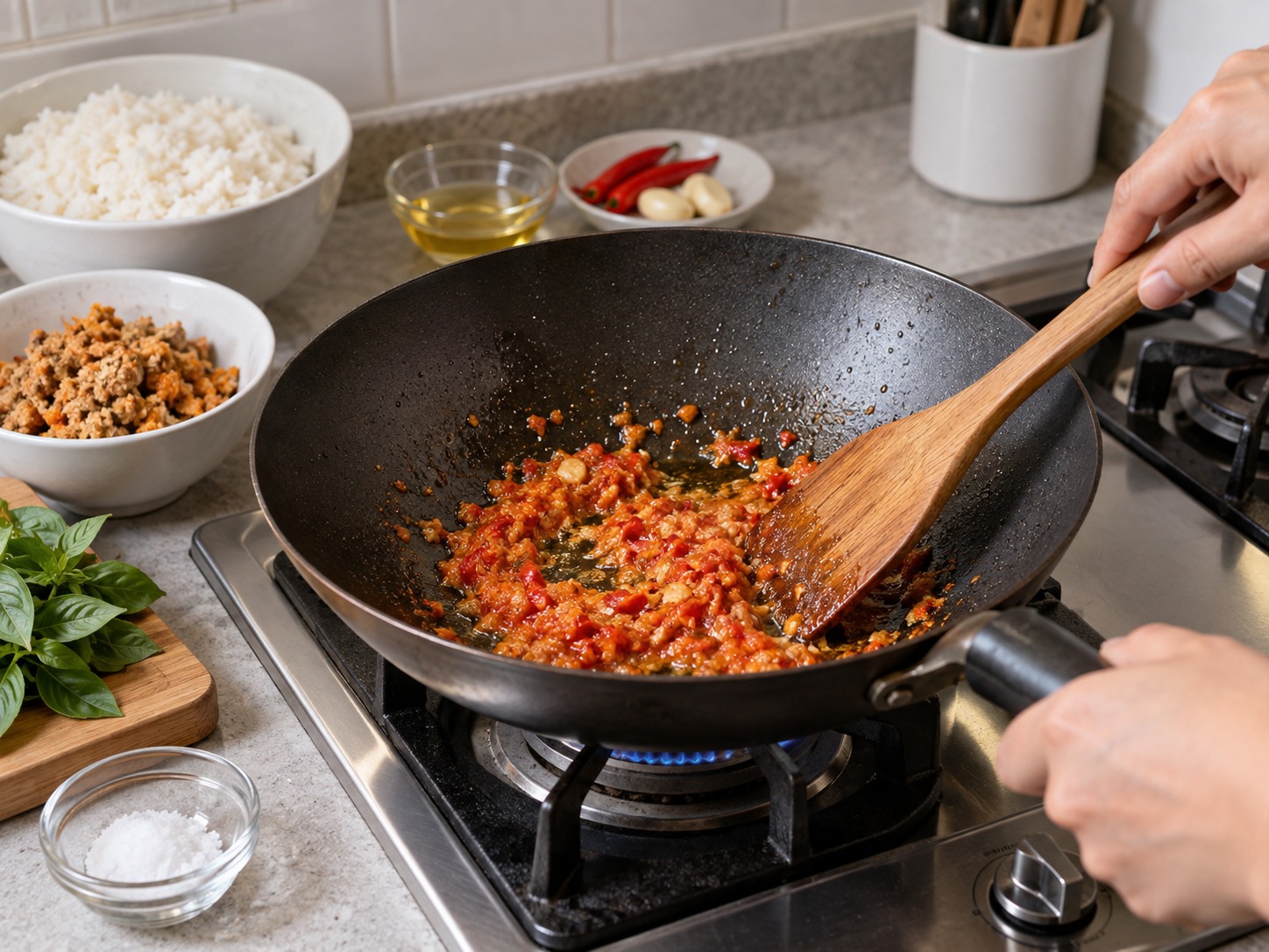 Kaning Tutug Oncom ng Sunda — Painitin ang dalawang kutsarang mantika at igisa ang sambal hanggang maluto