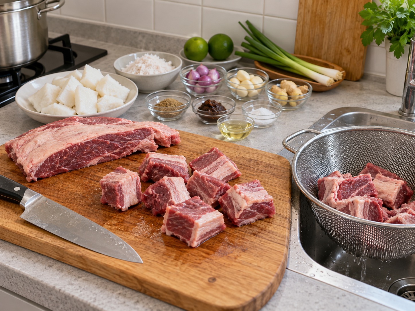 Pallubasa Makassar — Potong brisket empat sentimeter, cuci dan tiriskan