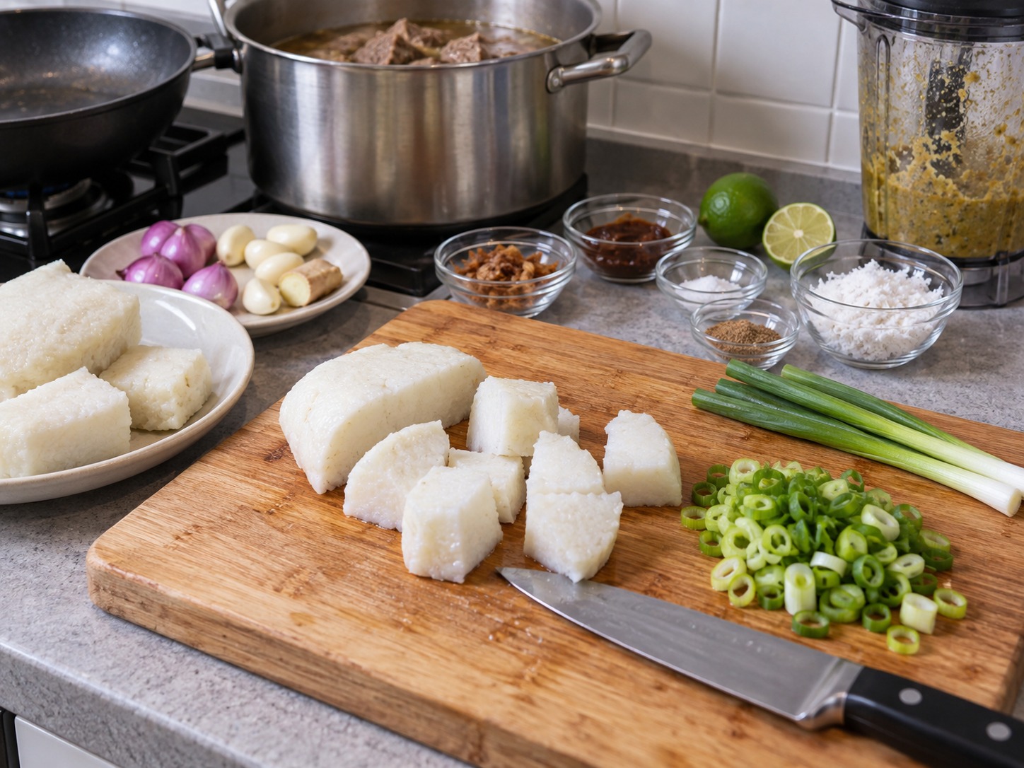 Pallubasa Makassar — Potong lontong dan iris daun bawang