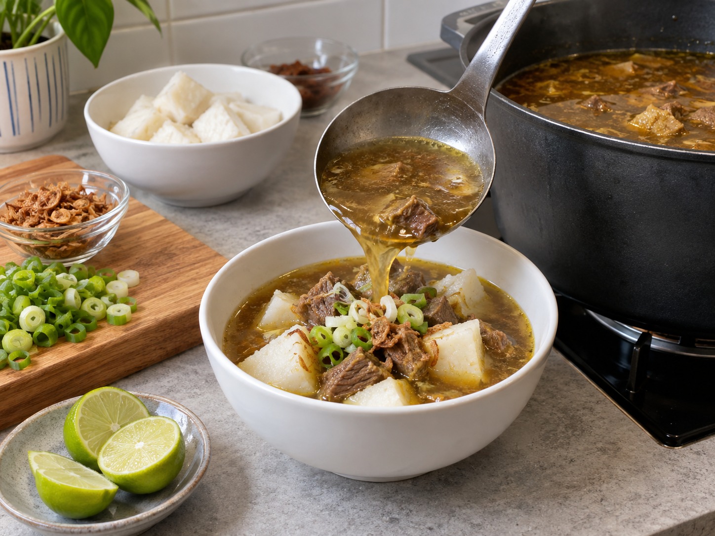 Pallubasa Makassar — Taruh lontong, siram sup, tambah daun bawang dan jeruk nipis
