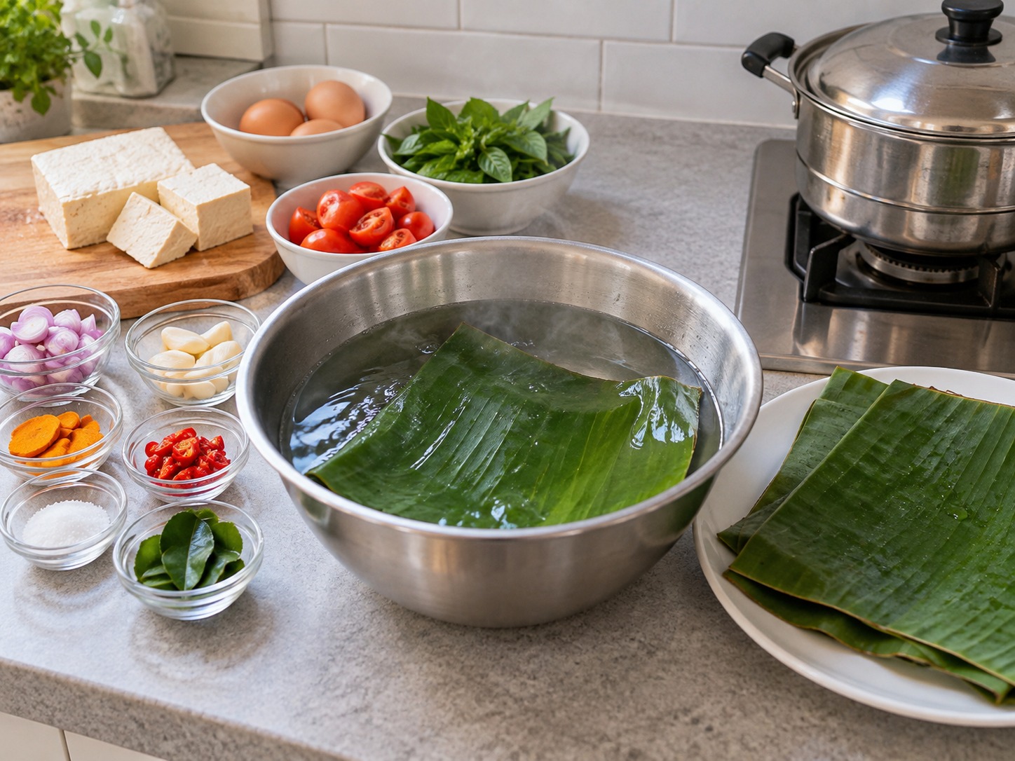 Indonesian Pepes Tahu — Palambutin ang dahon ng saging sa mainit na tubig at patuyuin