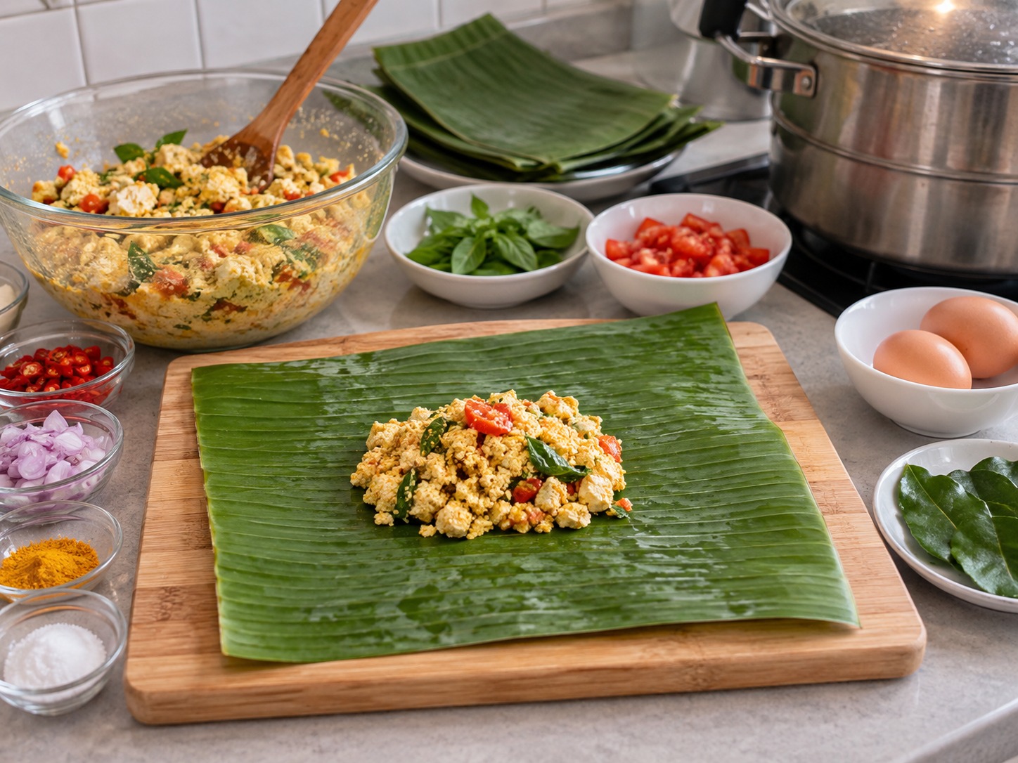 Indonesian Pepes Tahu — Ilatag ang dahon ng saging at ilagay ang isang-kapat ng palamang tokwa