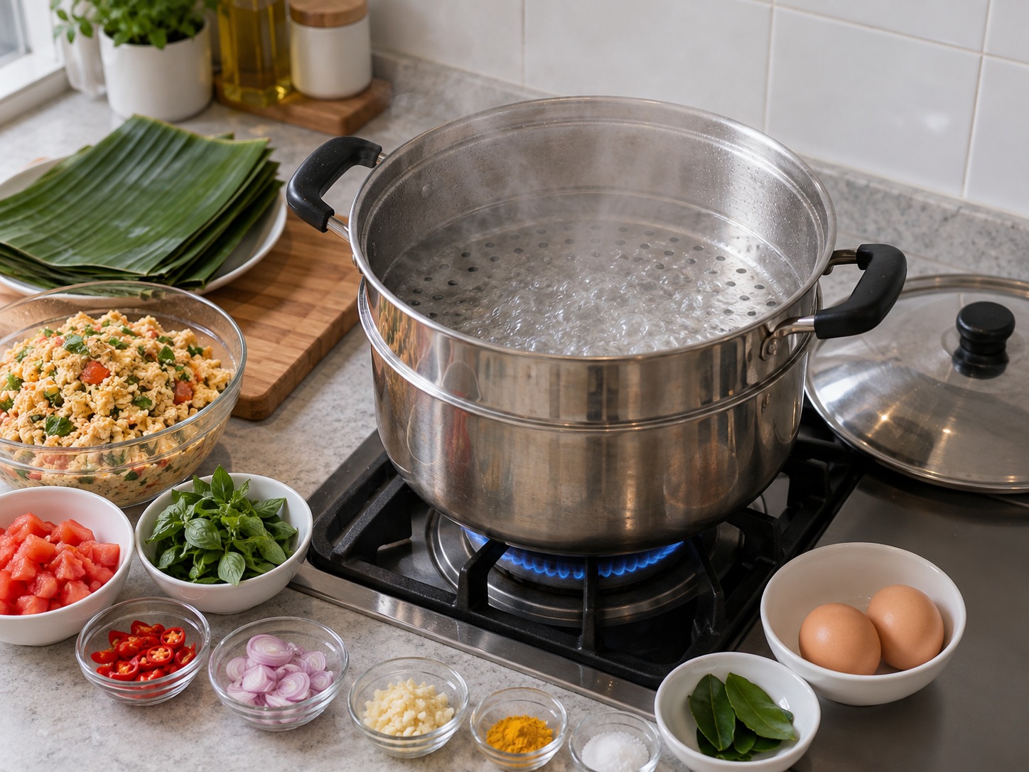 Indonesian Pepes Tahu — Pakuluin ang tubig sa steamer