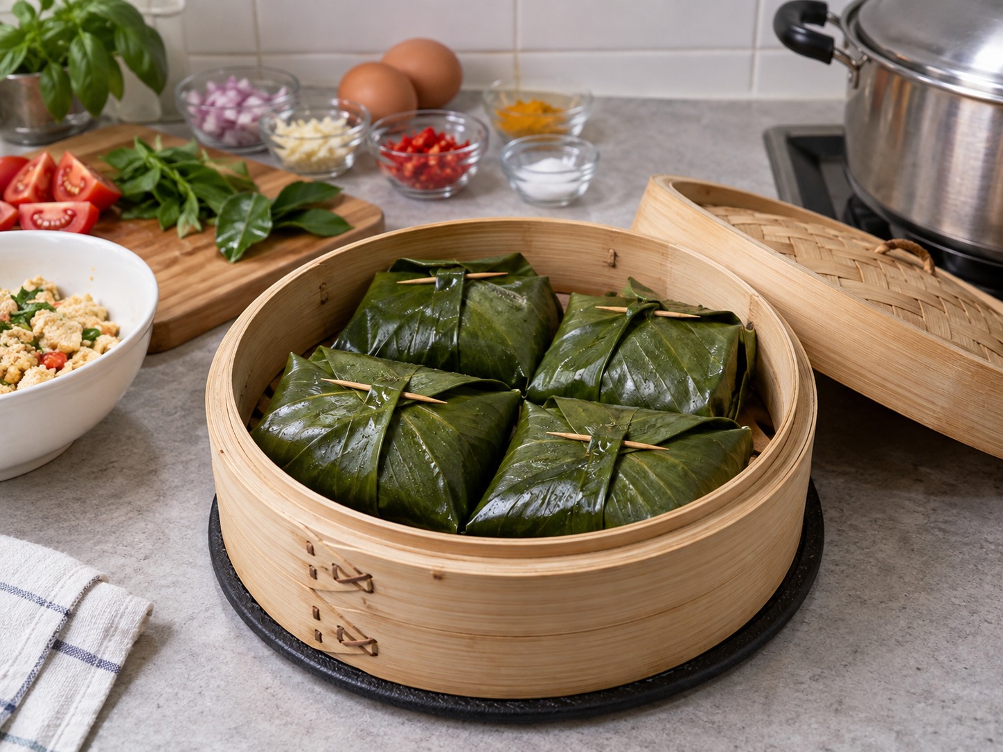 Indonesian Pepes Tahu — Pahingahin nang dalawang minuto upang tumigas ang palaman