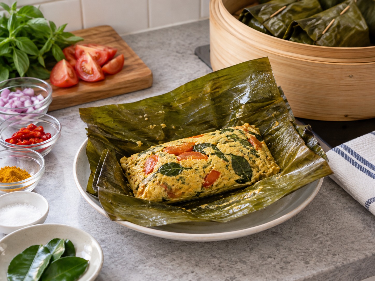 Indonesian Pepes Tahu — Buksan ang dahon at ihain ang balot sa ibabaw nito