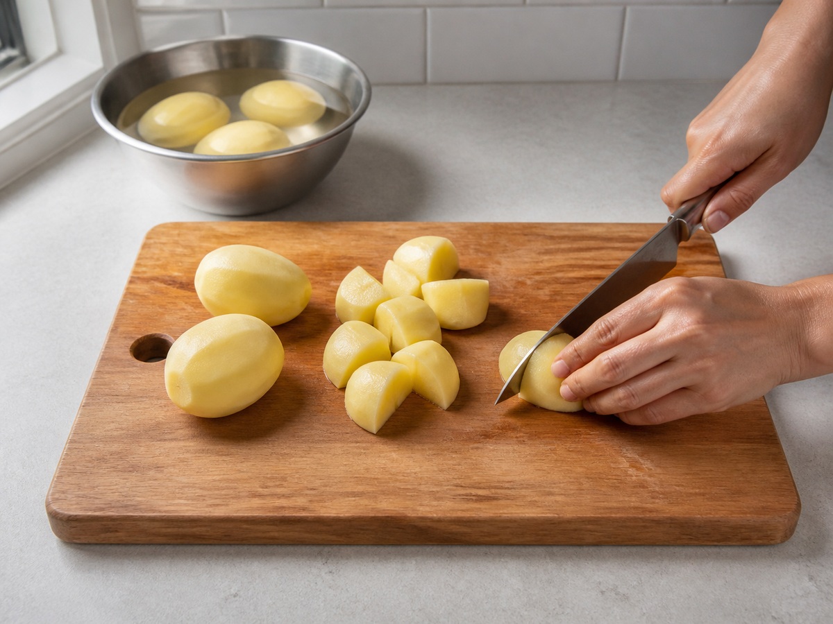 Indonesian Potato and Beef Perkedel: Peel and cut the potatoes
