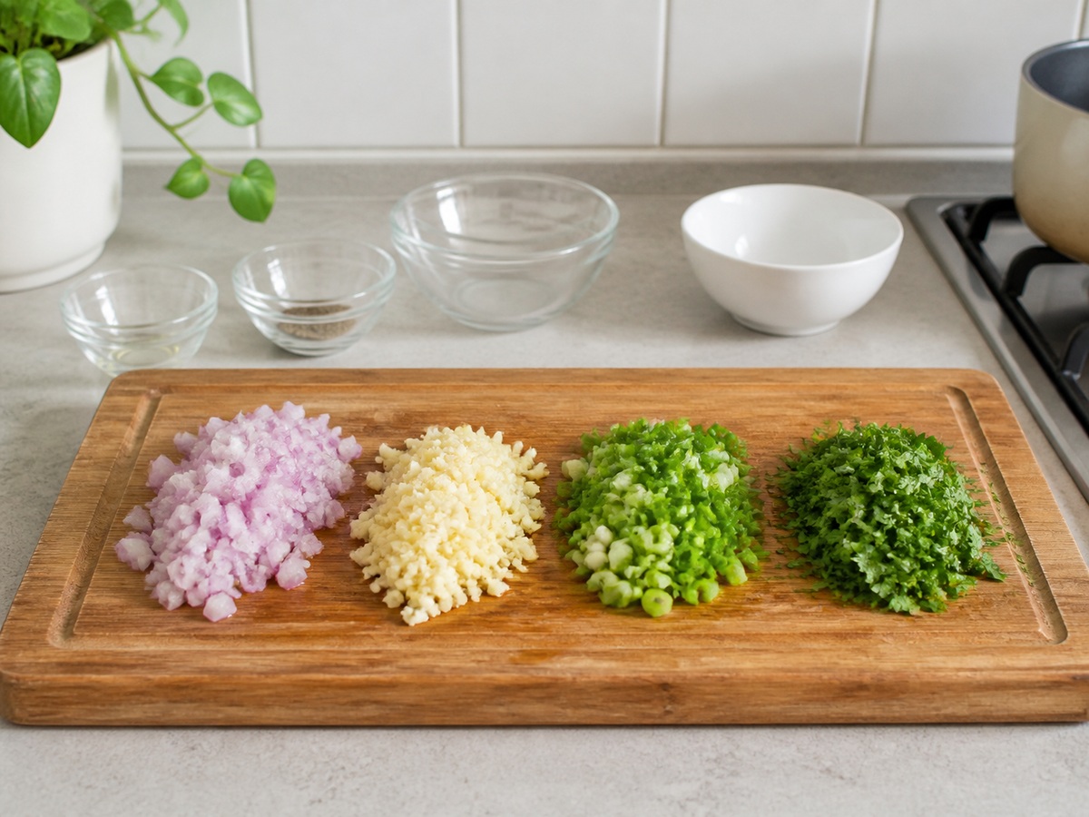 Indonesian Potato and Beef Perkedel: Prepare the aromatics