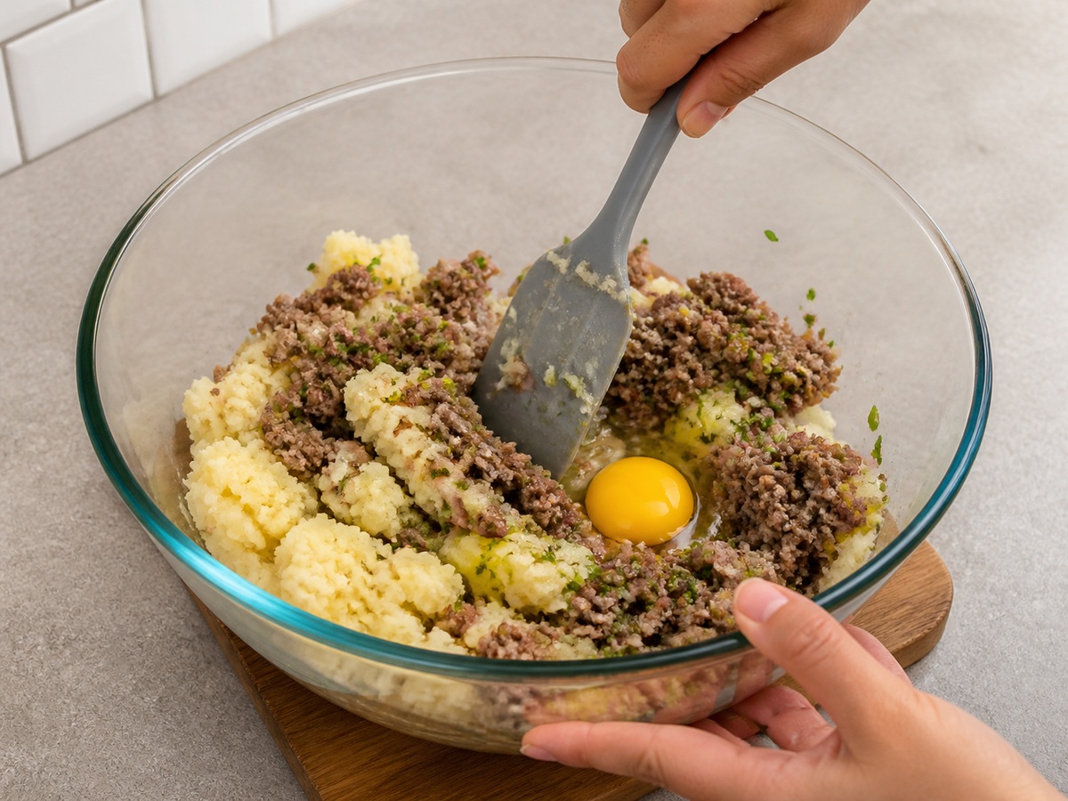Indonesian Potato and Beef Perkedel: Combine potato and beef