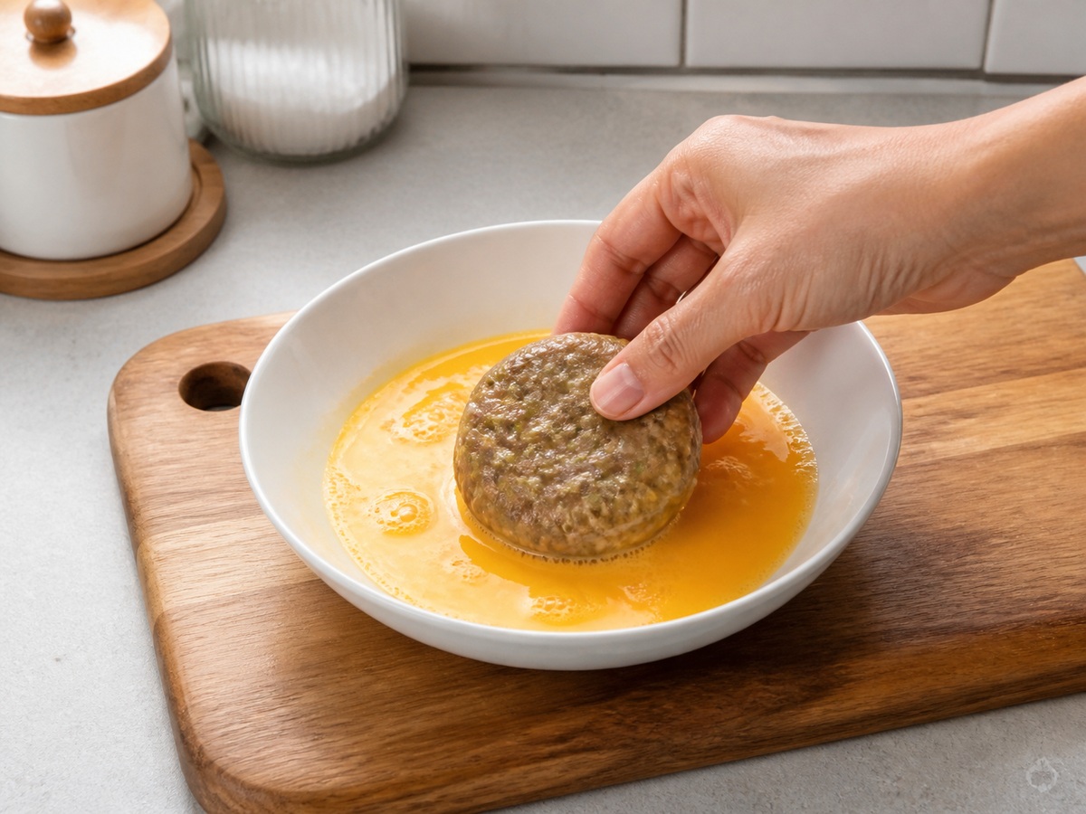 Indonesian Potato and Beef Perkedel: Beat the coating egg