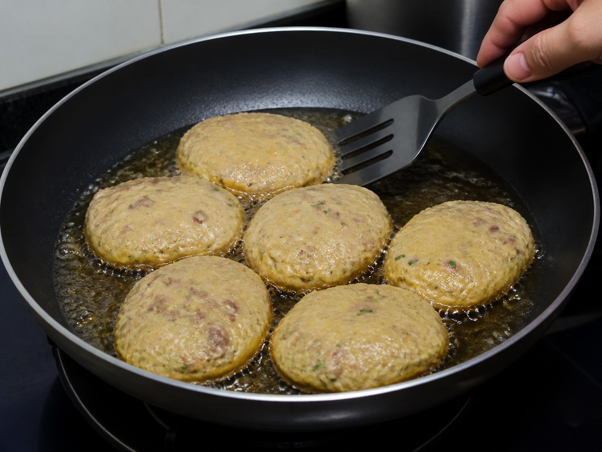 Indonesian Potato and Beef Perkedel: Fry the first side