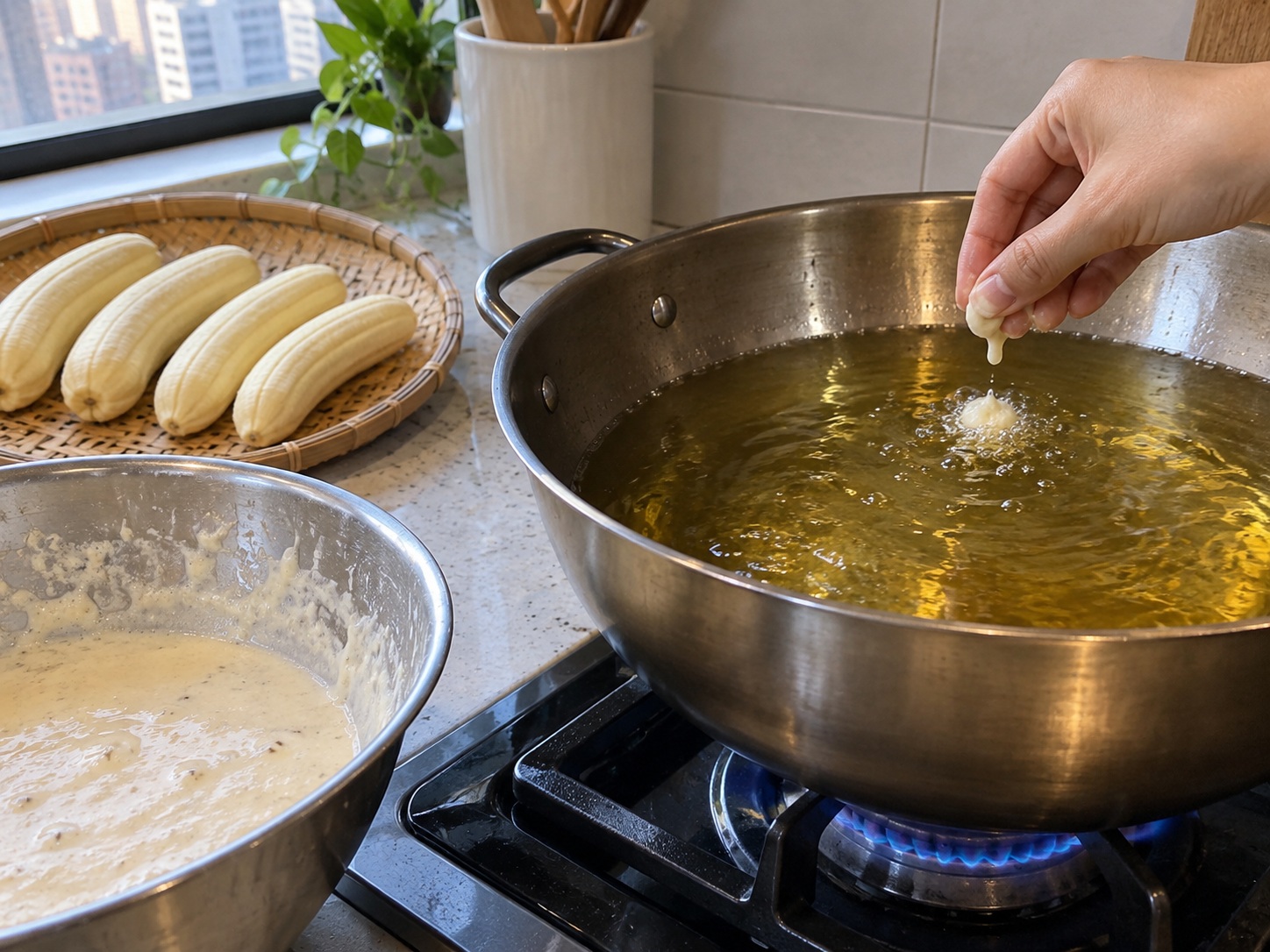 Indonesian Pisang Goreng Banana Fritters — Heat measured oil to 170°C