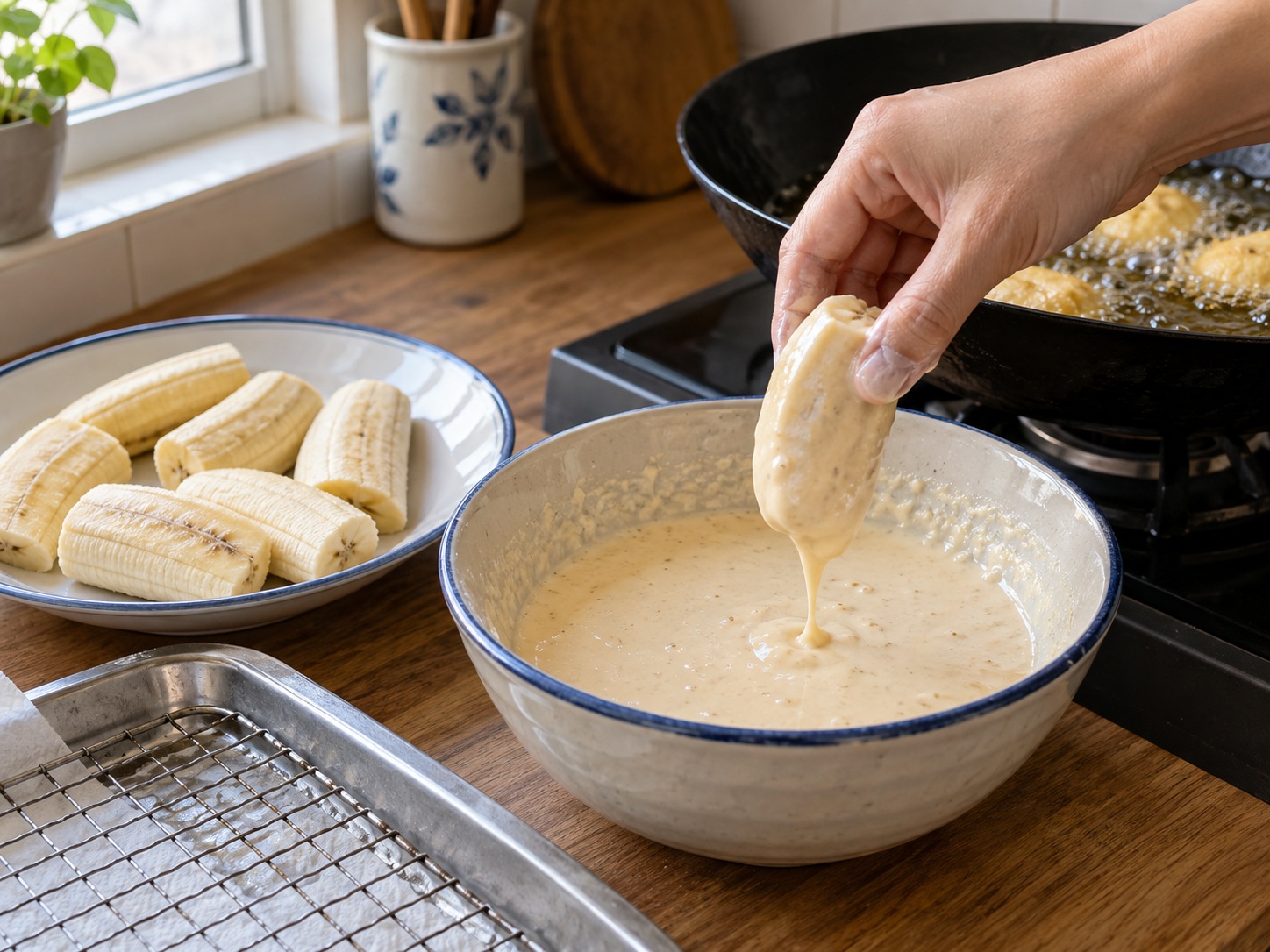 Indonesian Pisang Goreng Banana Fritters — Coat one banana piece
