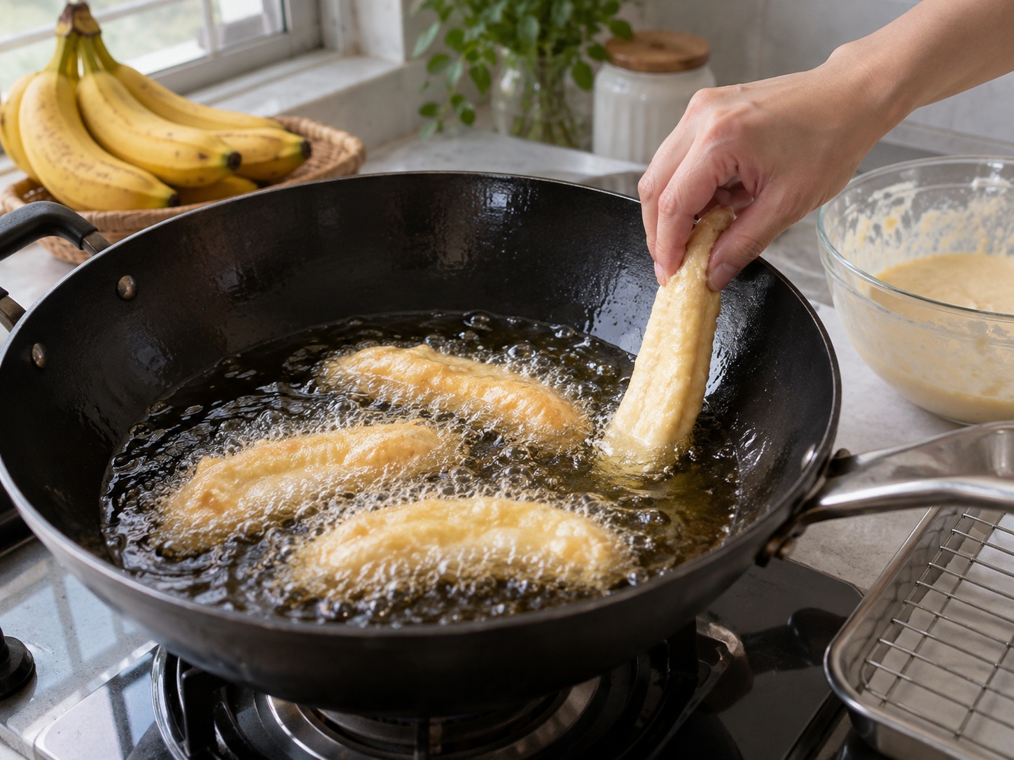 Indonesian Pisang Goreng Banana Fritters — Fry four pieces per batch