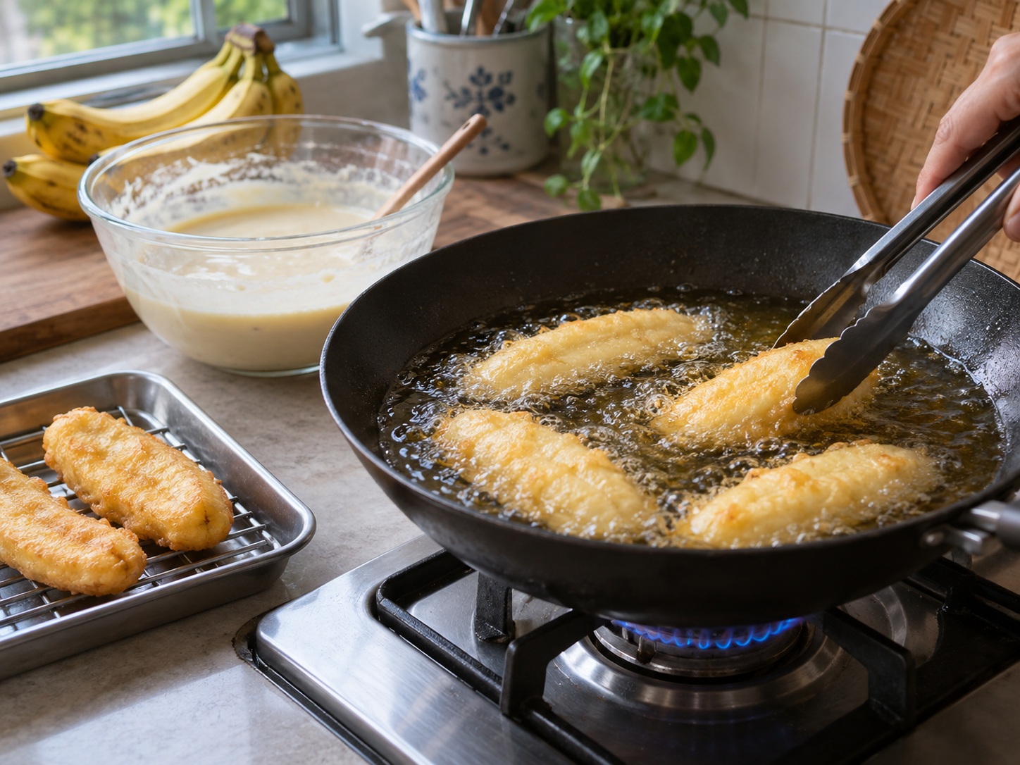 Indonesian Pisang Goreng Banana Fritters — Turn after the coating sets