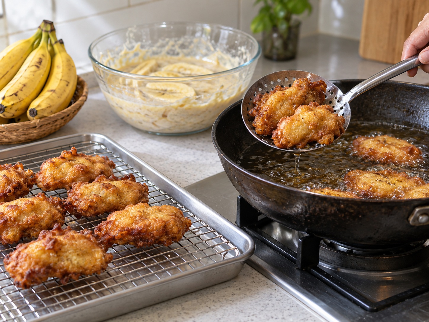 Indonesian Pisang Goreng Banana Fritters — Drain on a wire rack