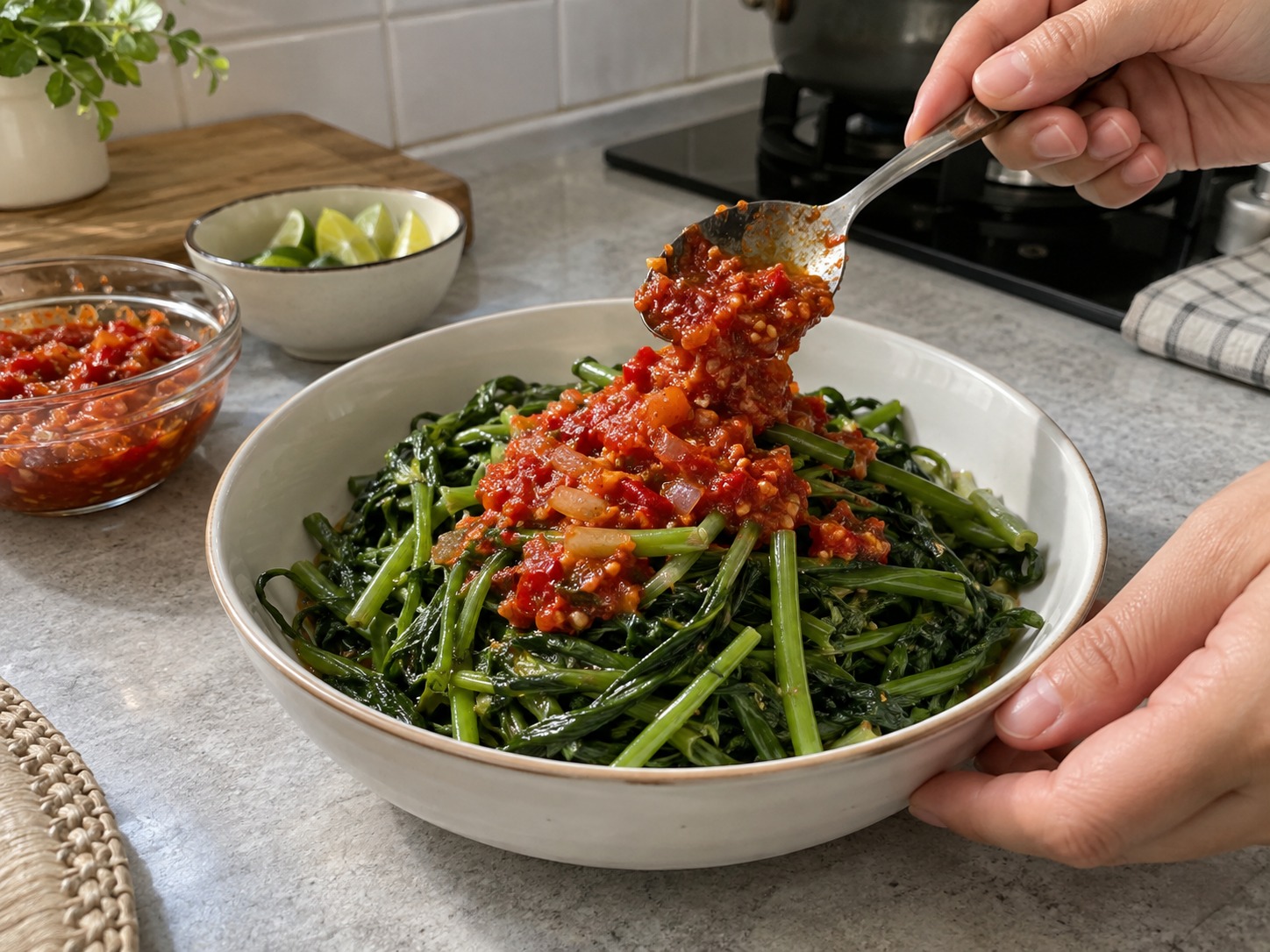 Plecing Kangkung Lombok — hidangan selesai