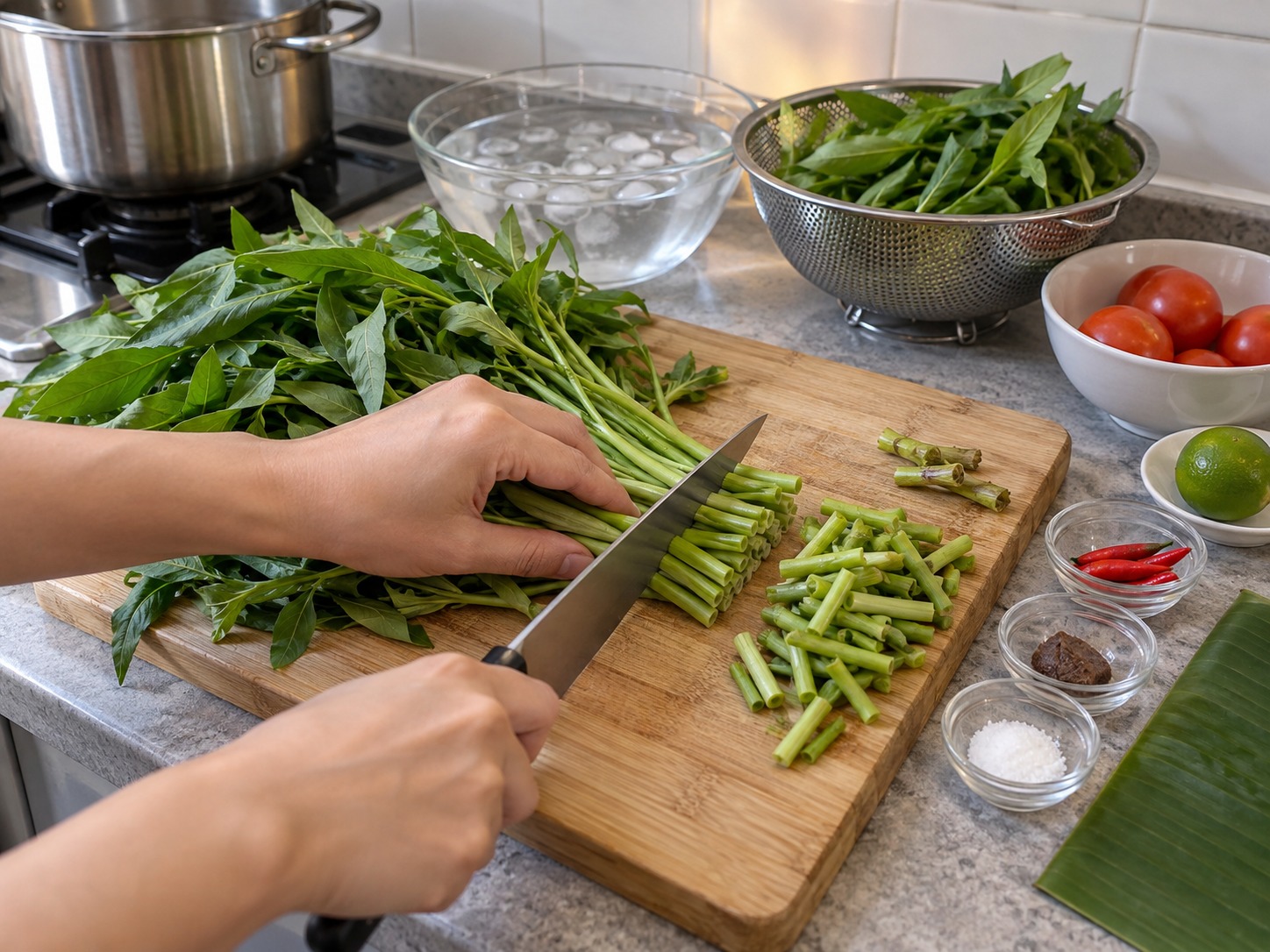 Indonesian Plecing Kangkung — Remove tough water-spinach stems and separate tender stems from leaves